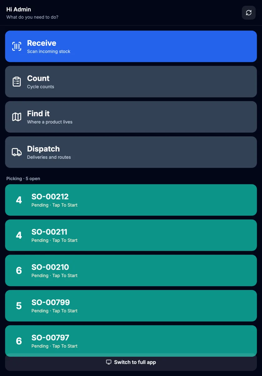Tablet floor mode menu with large buttons for receive, count, find it and dispatch, above a list of open pick jobs.